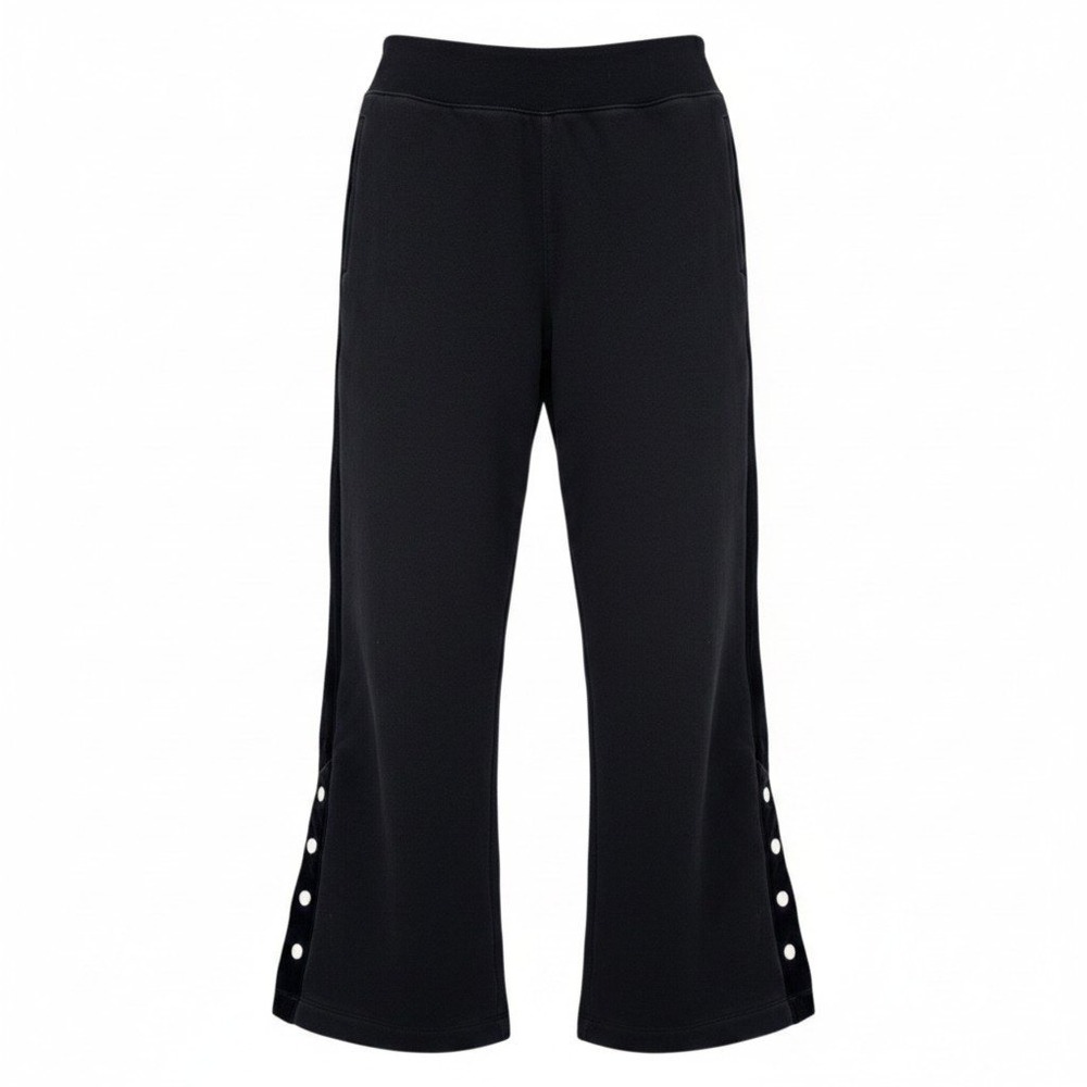 Athleta Retro Terry Snap Wide Leg Pants Women M Black Cotton Blend Velvet Trim